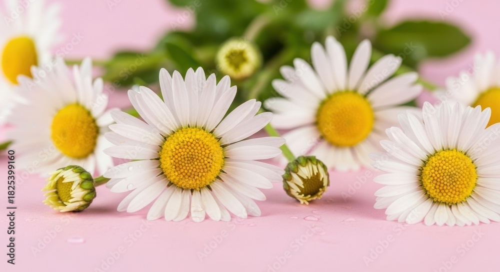 Obraz premium Daisies on a pink background with water droplets.