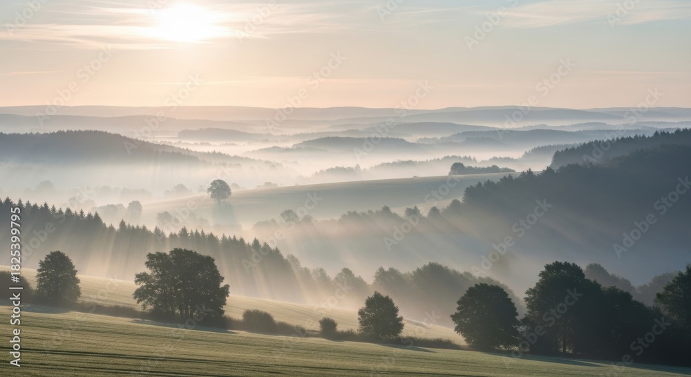 Obraz premium Misty morning landscape with sun rays breaking through fog over rolling hills and scattered trees at sunrise in the countryside
