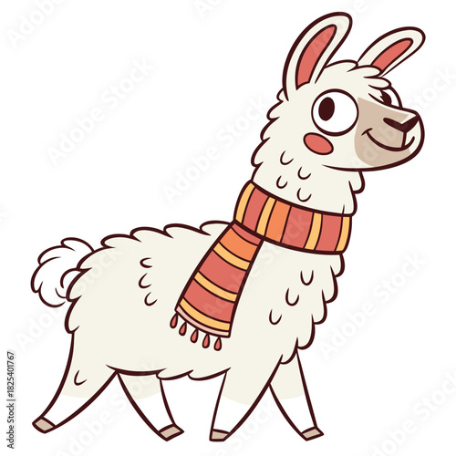 Cartoon llama wearing a striped scarf standing sideways view