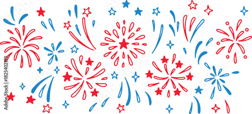 USA independence day colorful red and blue firework background. 4th of July America national holiday celebration vector art illustration