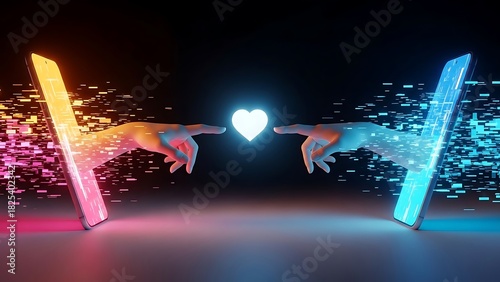 Digital connection concept with two hands reaching from smartphones towards a glowing heart