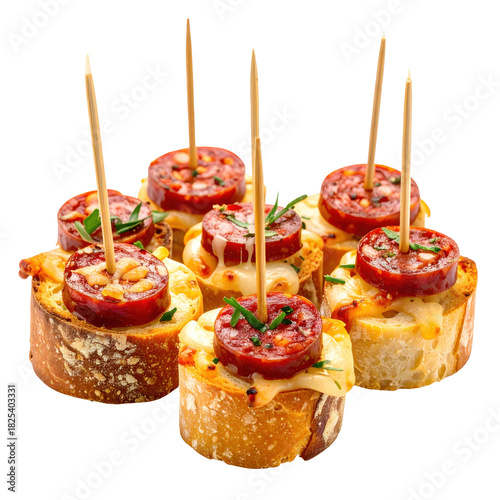 Single chorizo and cheese pincho skewer, beautifully isolated on a bright white background for food styling