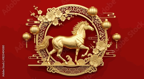 Majestic golden horse stylized in traditional Chinese art within an ornate frame adorned with plum blossoms and lanterns.