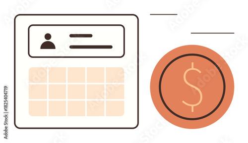 User profile on a calendar interface beside a dollar icon, representing payroll, money management, and professional tools. Ideal for wages, accounting, finance apps, HR, salaries payment systems