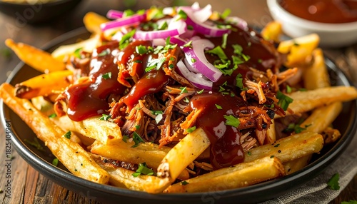 Close-up of loaded fries with pulled meat, sauce, and onions