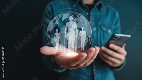 Person holds glowing holographic representation of global population health data above palm