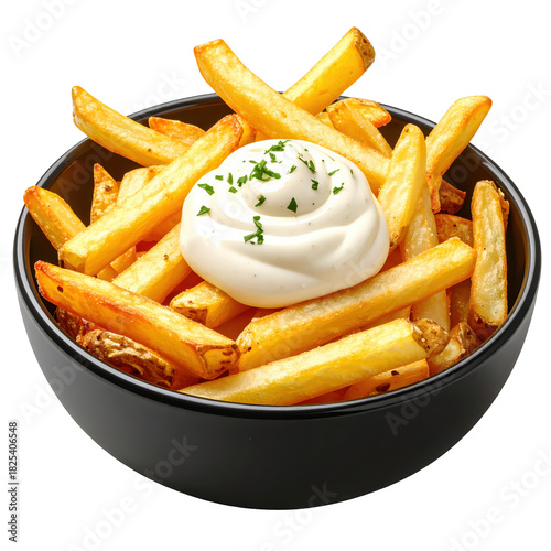 Dutch-style french fries served with a creamy mayonnaise dip, isolated on a clean pure white background