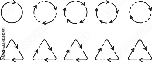 Set of doodle handwriting recycle symbols. Circle round arrow sign. Hand drawn reuse repeat cycle icon. Crayon vector line ecology drawing black and white 