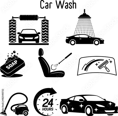 Automobile Care and Washing Black Silhouette Collection: 24-Hour Service and Interior Cleaning