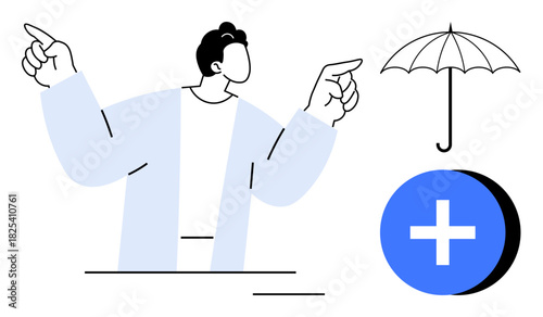 Health insurance. Minimal graphic with abstract person, umbrella, and plus sign conveys health insurance and coverage. Health insurance concept for safety, medical, wellness, protection, support