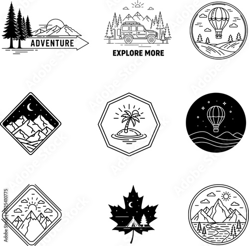 Set of Outdoor Adventure Line Art Badges: Mountain, Camping, and Travel Monoline Logos