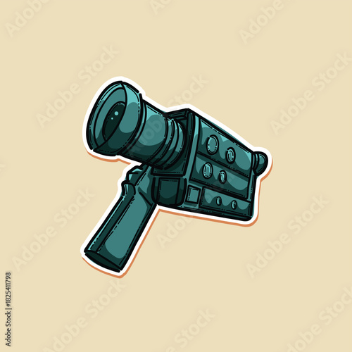 green hand held film vintage old 8mm movie camera illustration hand drawn isolated on cream background