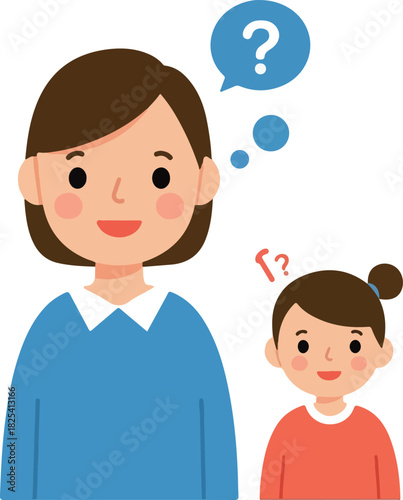 Mother And Daughter Thinking With Question Marks Isolated On White