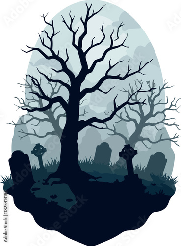 Misty Graveyard Pixel Art with Bare Trees and Tombstones