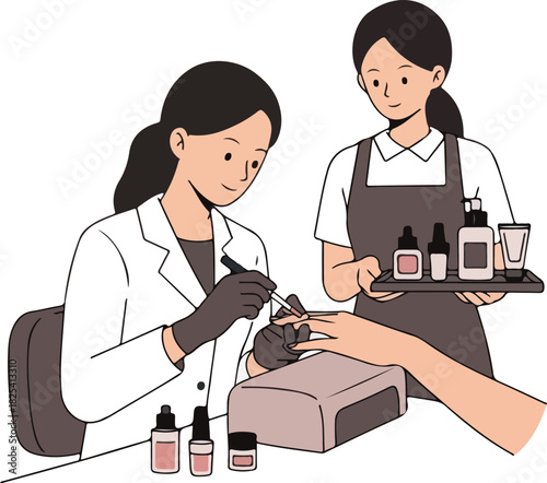 Nail Technician Applying Polish To Client With Assistance In Clean Salon