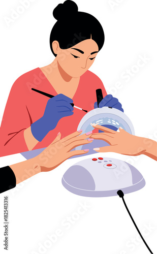 Nail Technician Applying Polish Under UV Lamp Minimal Illustration