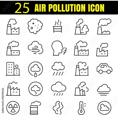 Air Pollution Set | Environmental Damage & Smog Outline Icons | Minimal Eco Awareness Collection