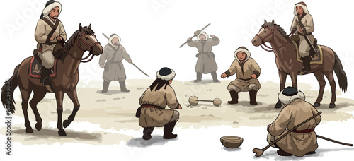 Nomadic Warriors Engage in Traditional Game on Dusty Plains