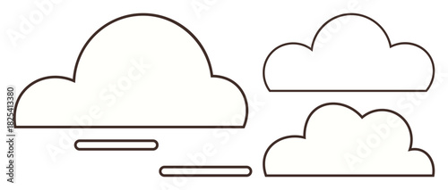 Clean line-drawn clouds of varying sizes with horizontal dashes imply wind, flow, or weather dynamics. Ideal for weather, ecology, digital interfaces, movement, minimal design, atmosphere or