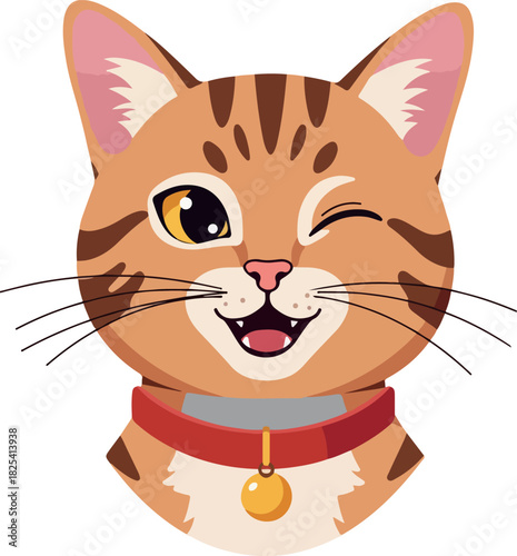 Orange Tabby Cat Winking with Red Collar and Gold Bell Isolated