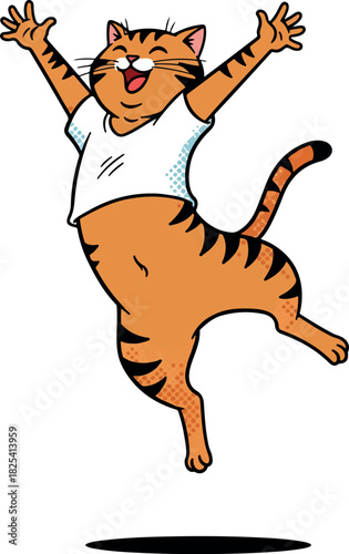Orange Tabby Cat Wearing White T Shirt Jumping With Joy