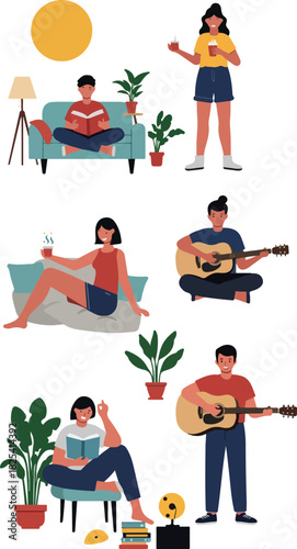 People Relaxing Reading Guitar Sun Plants Minimalist Flat Design