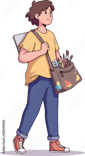 Pixel Art Artist Carrying Art Supplies and Canvas on White Background