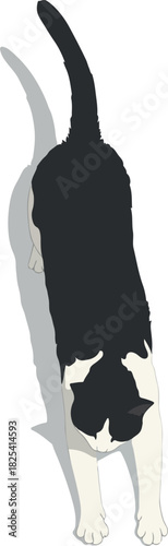 Pixel Art Black And White Cat Stretching Isolated On White Background