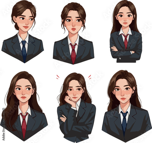 Pixel Art Businesswoman Character Set Dark Blue Suit With Red Tie