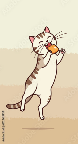 Pixel Art Cat Eating Orange Food Item in Playful Pose Light Brown Background