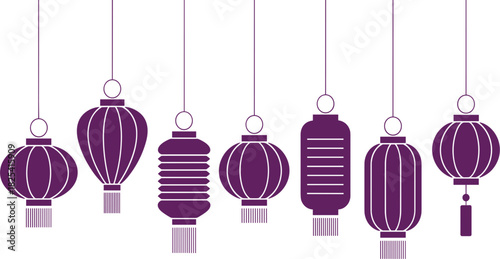 Set of Chinese Lantern Icons, Hanging Purple Asian Festival Decoration, Traditional Oriental New Year Light Vector Clipart Collection