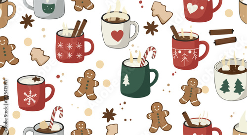 Pixel Art Christmas Mugs with Gingerbread Cookies Seamless Pattern White Background