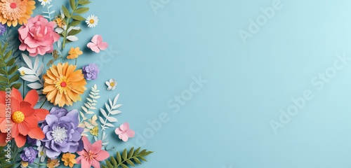 Colorful Paper Flowers Arrangement on Light Blue Background with Copy Space