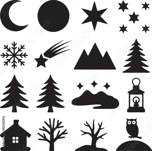 Collection of winter night elements including moon stars snowflake and trees