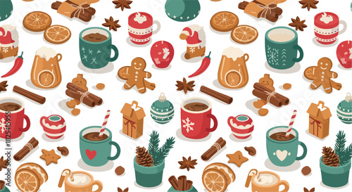 Pixel Art Christmas Pattern with Hot Cocoa Gingerbread Cookies and Cinnamon Sticks
