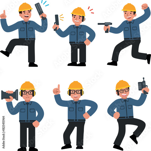 Pixel Art Construction Worker Characters Holding Guns and Tools in Various Poses