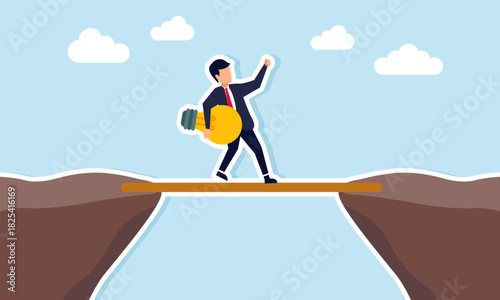 Businessman carrying a lightbulb crossing a gap on a thin wooden bridge illustrating using ideas and innovation to solve business challenges