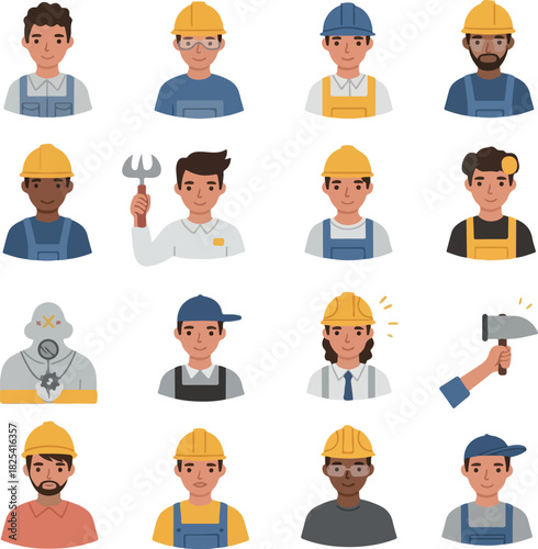 Pixel Art Diverse Workers with Hard Hats and Tools Flat Design