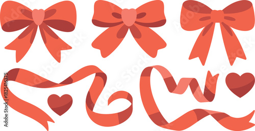 Set of Red Ribbons and Bows Vector Illustration with Hearts for Gifts and Celebration