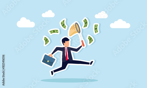 Businessman running to catch flying money illustrating the pursuit of profitable new business opportunities