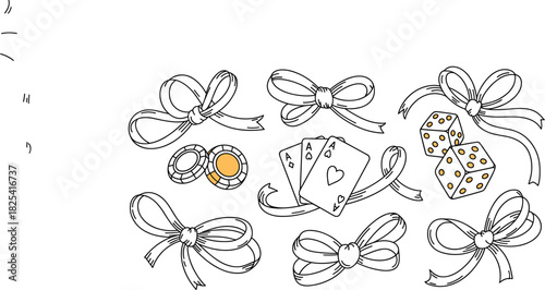 Hand-Drawn Outline Casino and Party Elements: Dice, Playing Cards, Poker Chips, and Bows