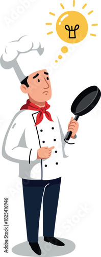 Pixelated Chef Thinking of Culinary Idea Holding Frying Pan