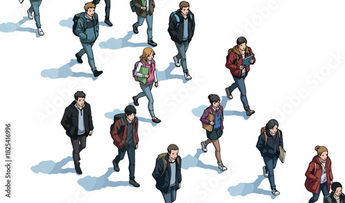 Pixelated Crowd Walking with Backpacks on White Background Top View