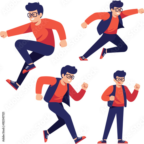 Pixelated Man Character Set Red Orange Blue Outfit