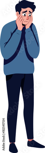 Pixelated Man In Blue Sweater Holds Head In Despair On White Background