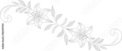 Delicate Lily Flower Line Art Border, Elegant Floral Vine Ornament Swag Design, Subtle Wedding Invitation Monochrome Vector Illustration