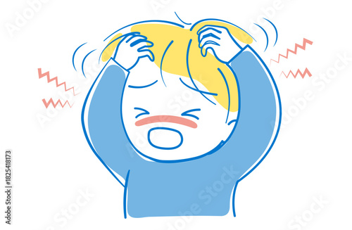 頭皮が痒くて両手でかいている男の子のイラスト