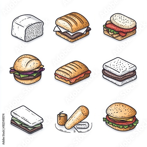 Nine playful hand-drawn sandwich and bread icons including loaf, paninis, burgers, stacked sandwiches and snacks with colorful appetizing cheerful vibe