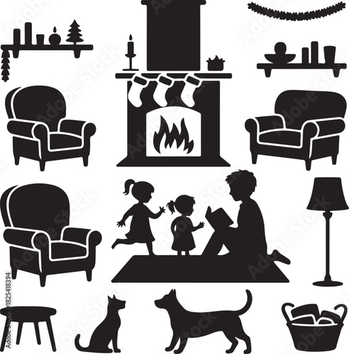 Cozy Christmas Living Room with Fireplace and Family Silhouette Illustration