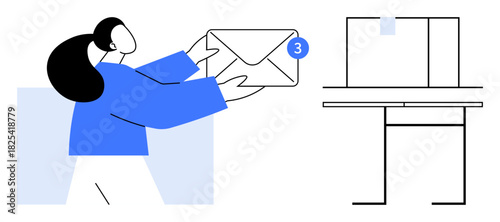 Woman offers an envelope with a notification count beside a minimalistic desk. Ideal for email, messaging, notifications, workplace communication, business correspondence, delivery, organization